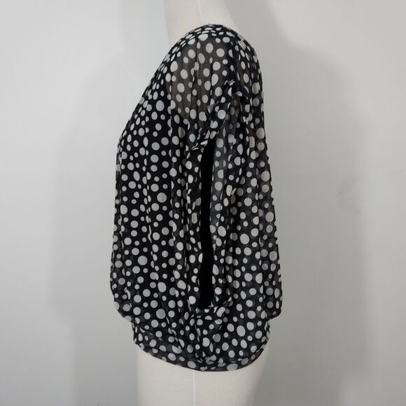 French Laundry Women's Shirt Top Size L Black White Polka Dot Polyester Spandex - Picture 5 of 11